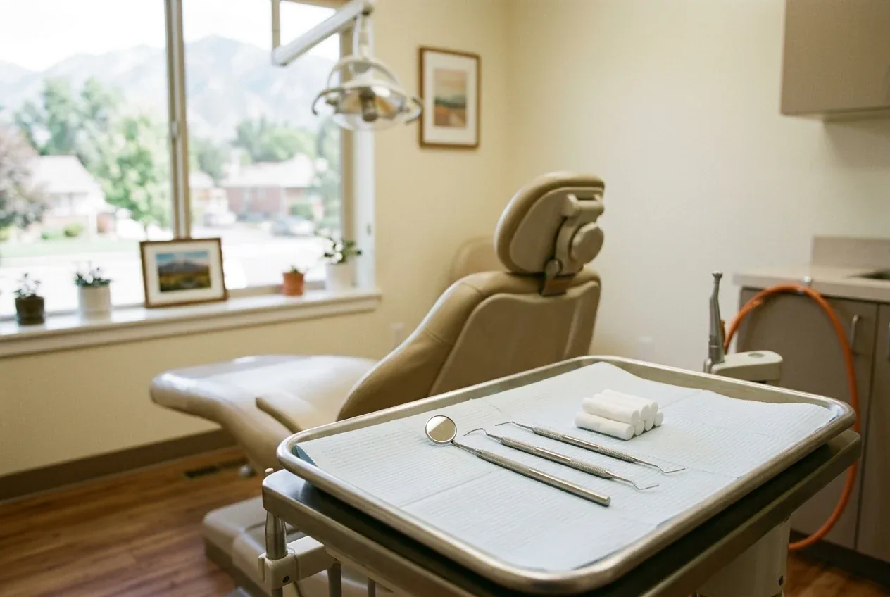 Dental instruments and cotton rolls on a tray in front of an examination chair by a window.