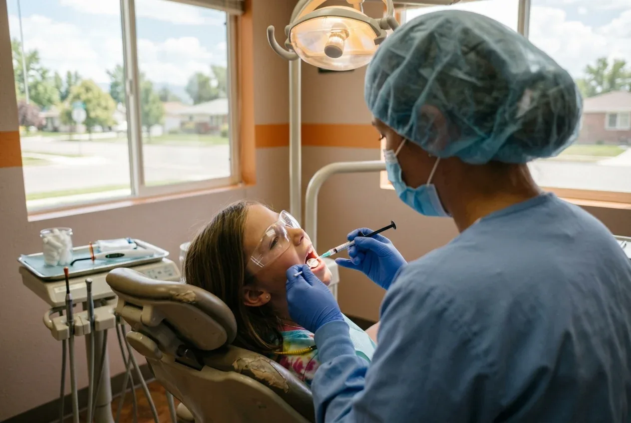 A dental professional applying sealant to a patient's teeth in a dental chair.